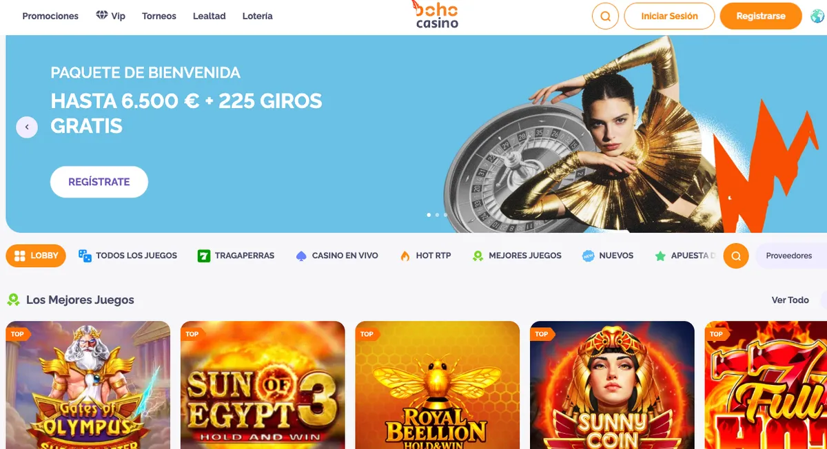 Lobby de Boho Casino con el paquete de bienvenida de hasta 2.000 € y 225 giros
