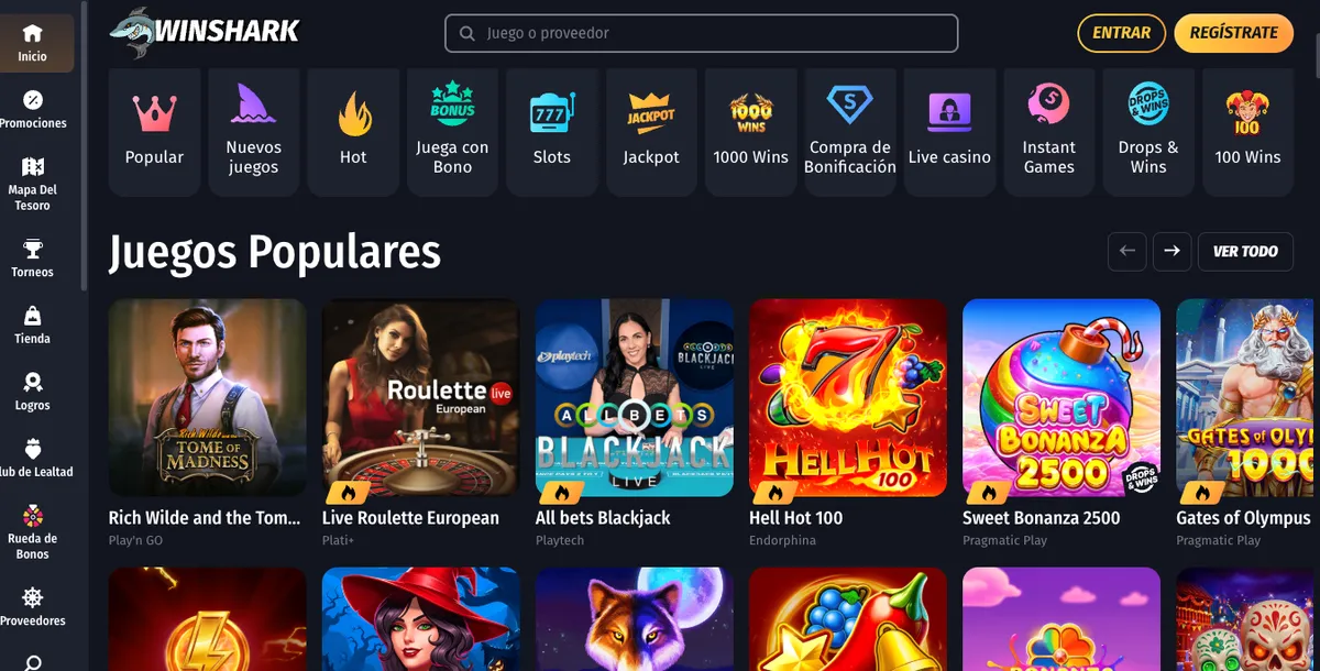 Winshark con su bono de 500 € y 200 giros gratis